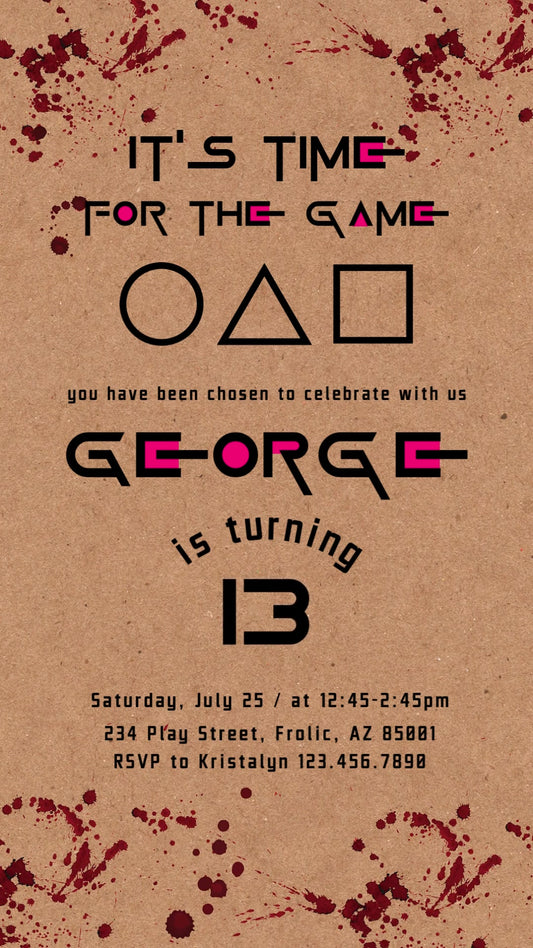 Squid Game-inspired circle, triangle and square symbols on kraft paper with black-and-pink birthday lettering and stylized dark-red drips.