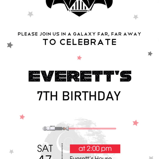 Darth Vader and two stormtrooper helmets above a white birthday invitation with pink and gray stars, a red lightsaber and a pale Death Star.