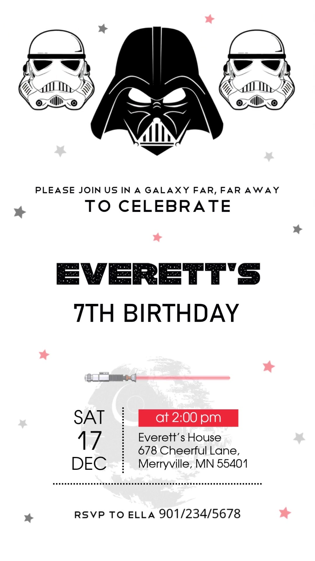 Darth Vader and two stormtrooper helmets above a white birthday invitation with pink and gray stars, a red lightsaber and a pale Death Star.