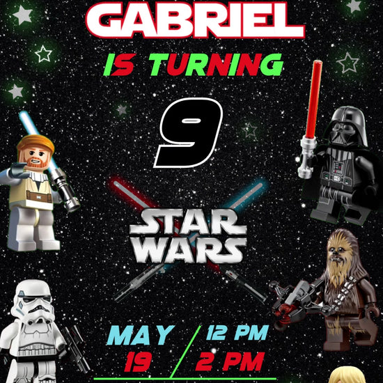 Star Wars toy minifigures, glowing stars and crossed lightsabers surround birthday details on a black galaxy background.
