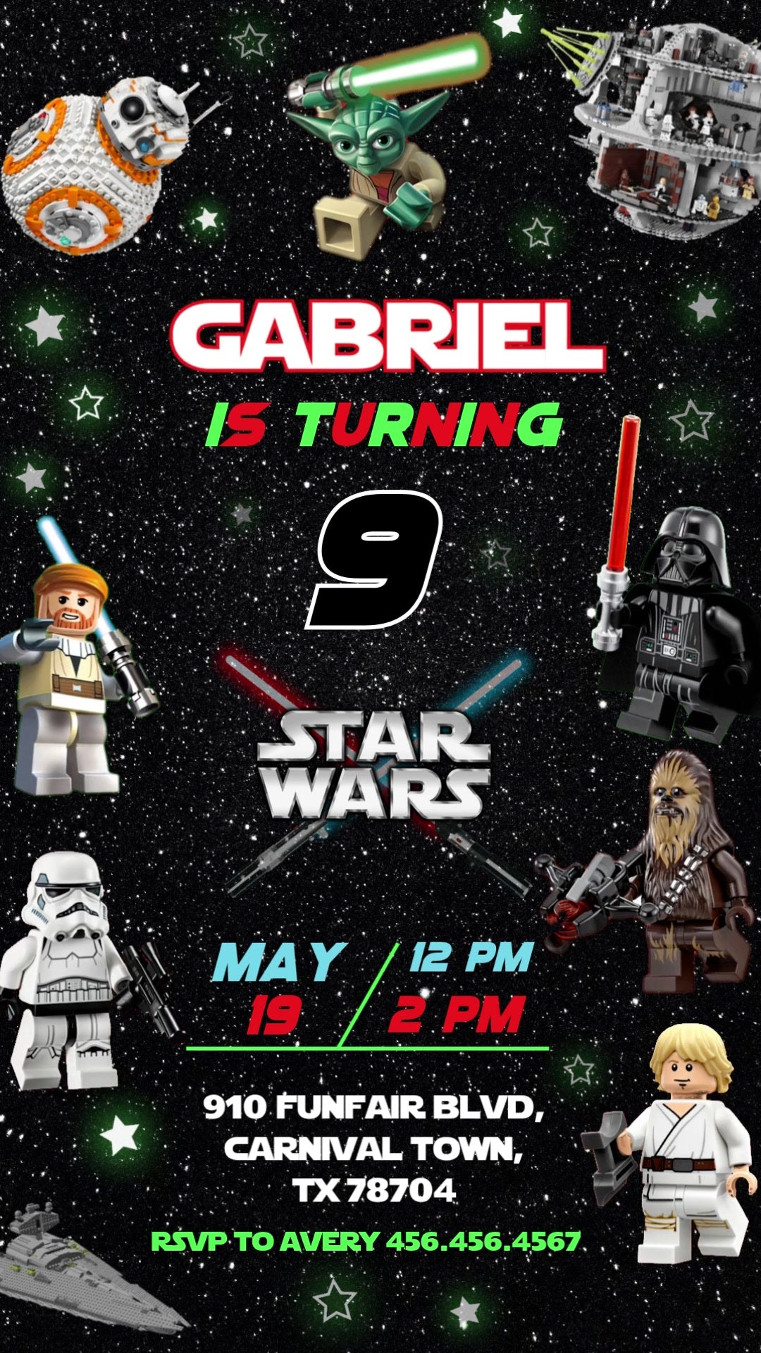 Star Wars toy minifigures, glowing stars and crossed lightsabers surround birthday details on a black galaxy background.