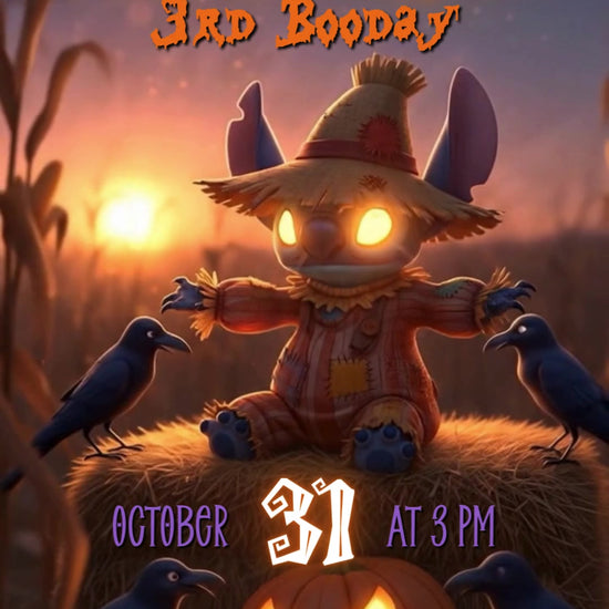 Stitch in a scarecrow outfit sits on a hay bale beside ravens and a glowing pumpkin in a sunset cornfield Halloween birthday scene.