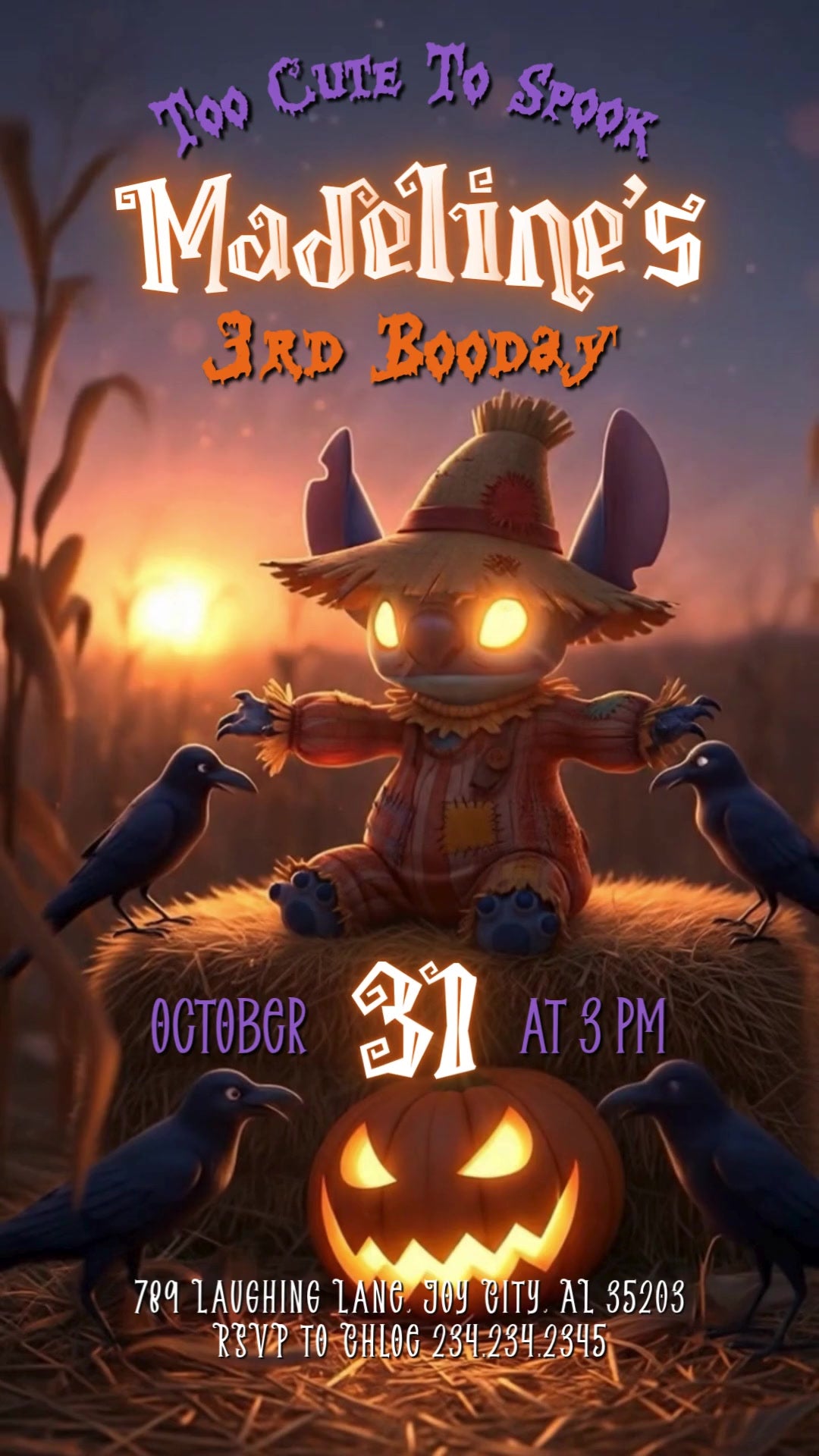 Stitch in a scarecrow outfit sits on a hay bale beside ravens and a glowing pumpkin in a sunset cornfield Halloween birthday scene.