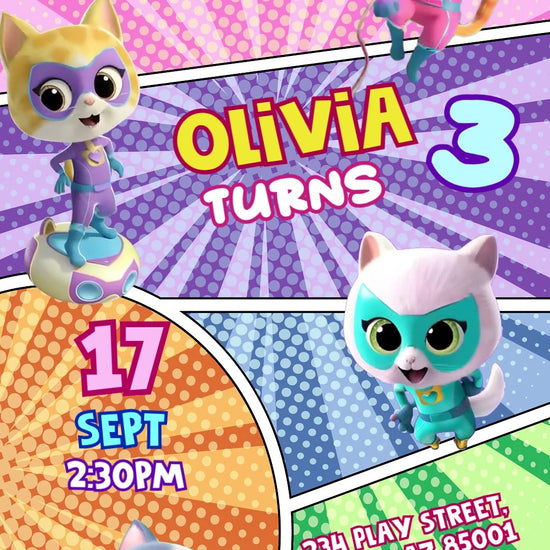 Four SuperKitties characters in bright pink, purple, blue, orange and green comic panels with personalized birthday details.