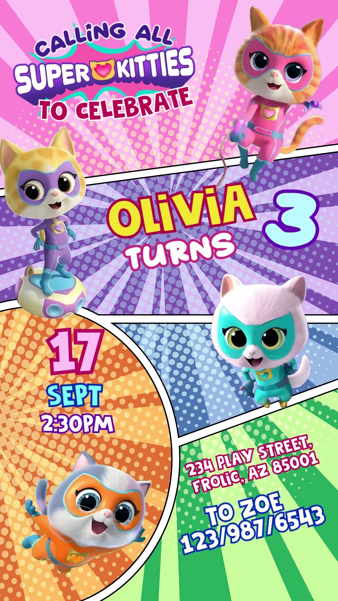 Four SuperKitties characters in bright pink, purple, blue, orange and green comic panels with personalized birthday details.
