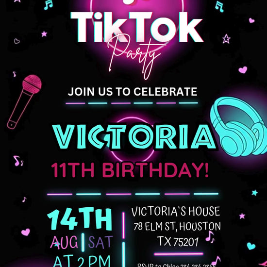 Pink and turquoise neon rings, headphones, microphone and music notes surround TikTok party birthday lettering on black.