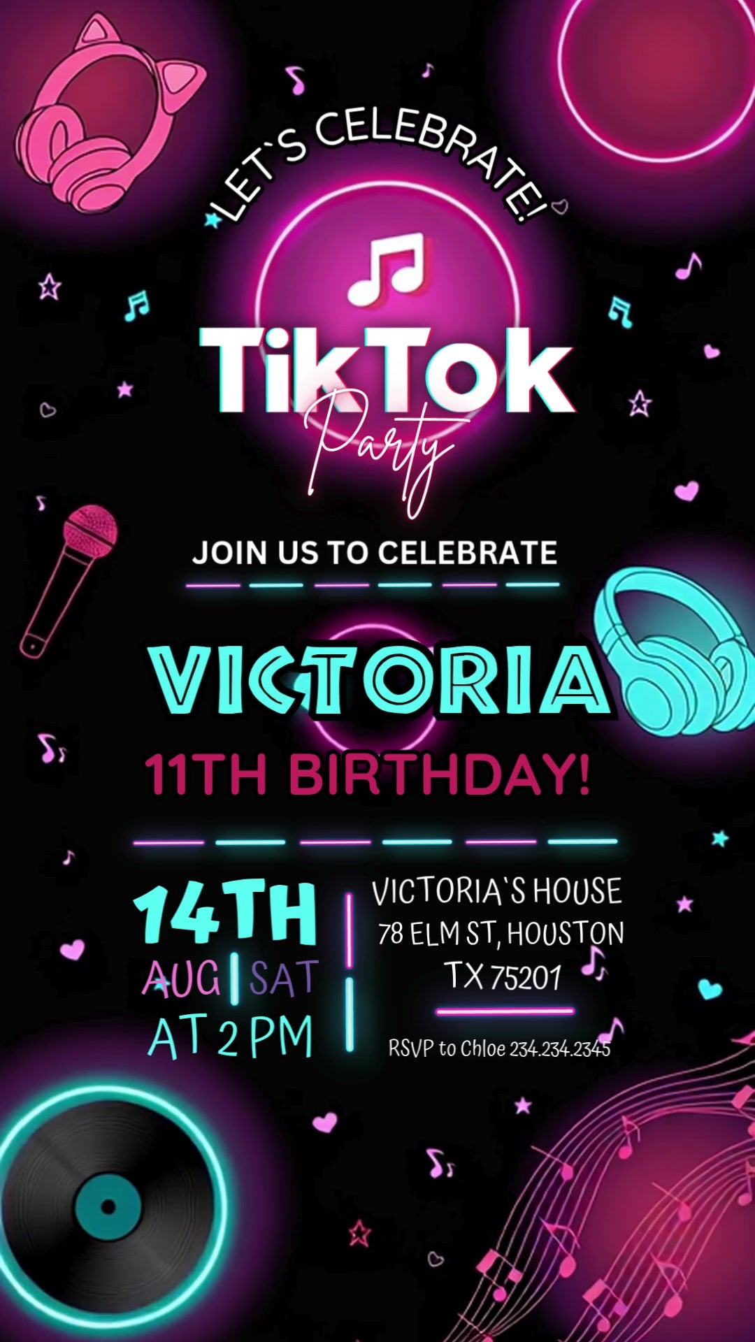 Pink and turquoise neon rings, headphones, microphone and music notes surround TikTok party birthday lettering on black.