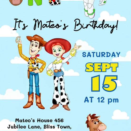 Woody, Jessie, Buzz Lightyear and Bullseye around decorative ONE lettering and first-birthday details on a blue sky with white clouds.