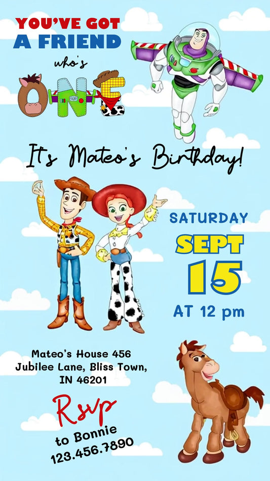 Woody, Jessie, Buzz Lightyear and Bullseye around decorative ONE lettering and first-birthday details on a blue sky with white clouds.