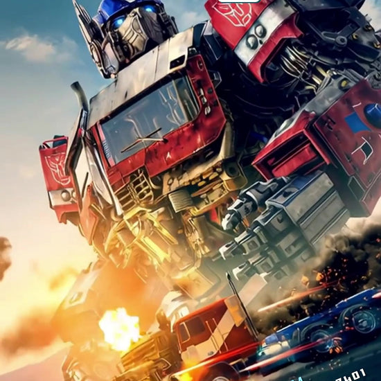 Optimus Prime above a red-and-blue truck amid flames and smoke, with bold red name lettering and angled birthday details.