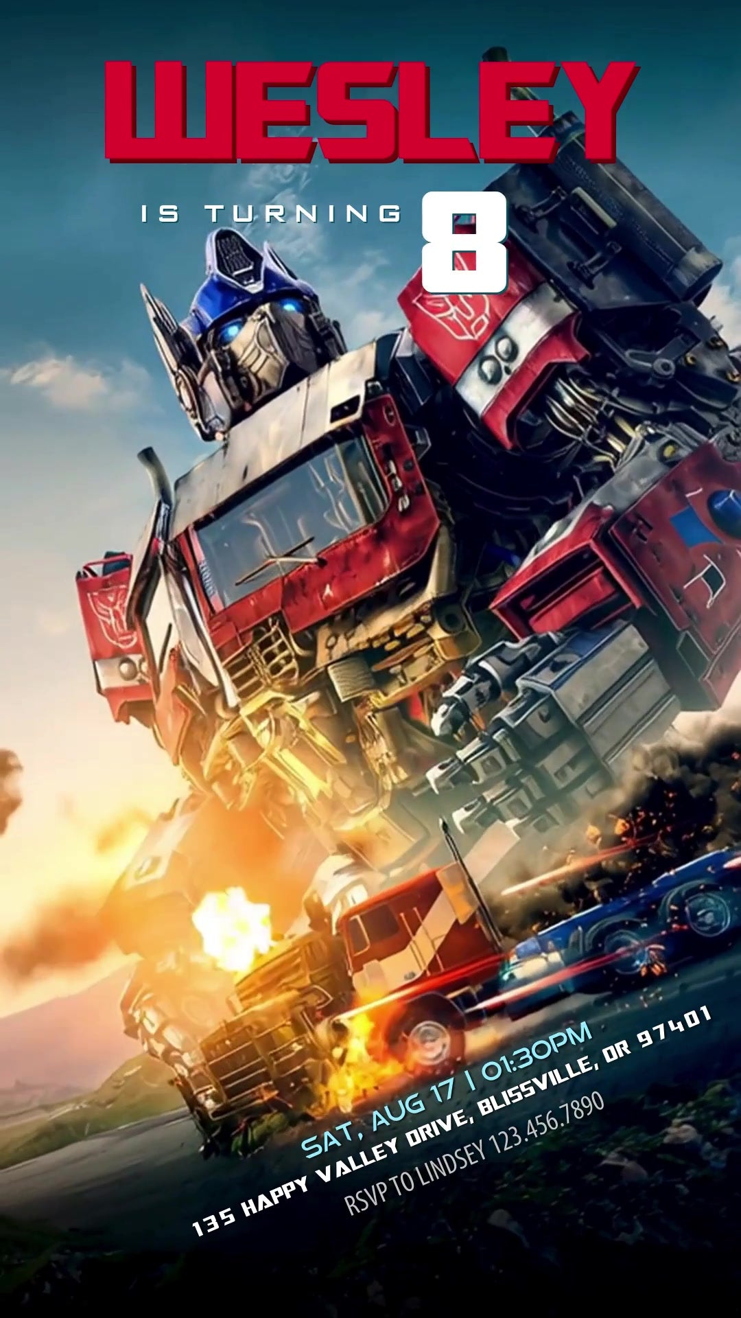 Optimus Prime above a red-and-blue truck amid flames and smoke, with bold red name lettering and angled birthday details.
