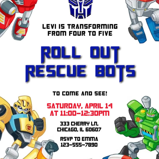 Six colorful Rescue Bots characters around a white center with an Autobot emblem, blue Roll Out lettering and birthday details.