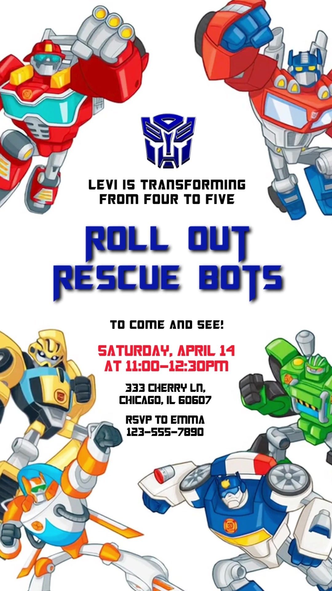 Six colorful Rescue Bots characters around a white center with an Autobot emblem, blue Roll Out lettering and birthday details.