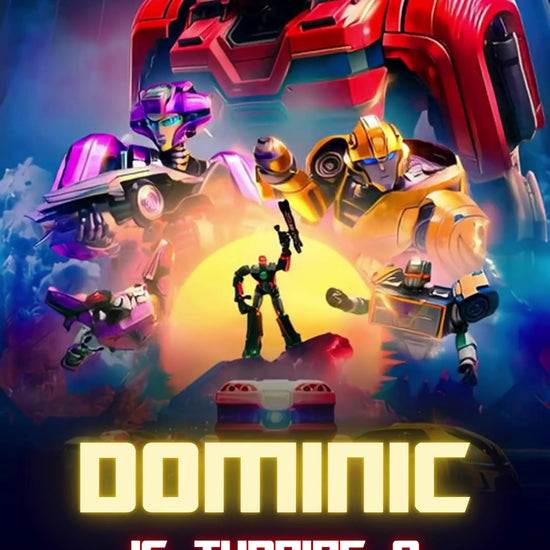 Optimus Prime above a colorful robot team against a deep-blue scene with orange glow, bright yellow name lettering and birthday details.