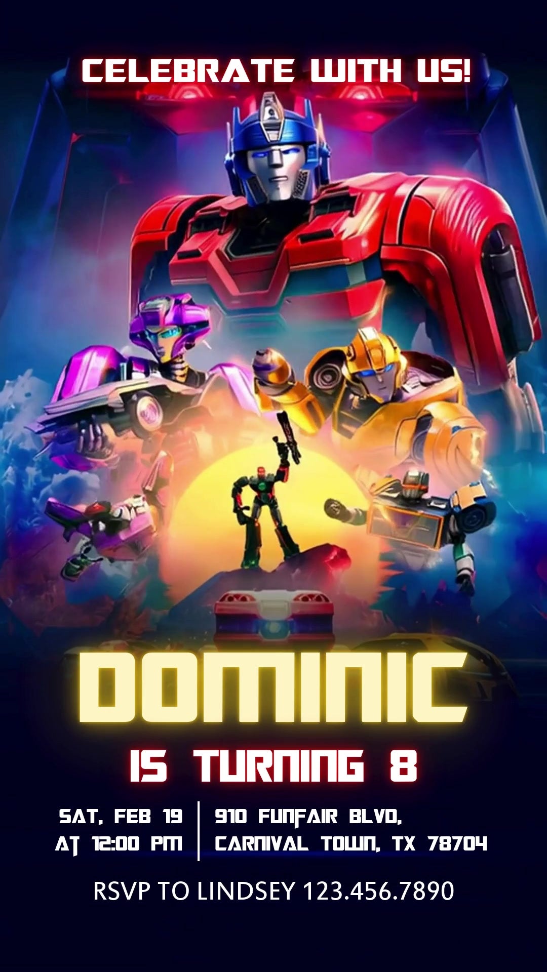 Optimus Prime above a colorful robot team against a deep-blue scene with orange glow, bright yellow name lettering and birthday details.