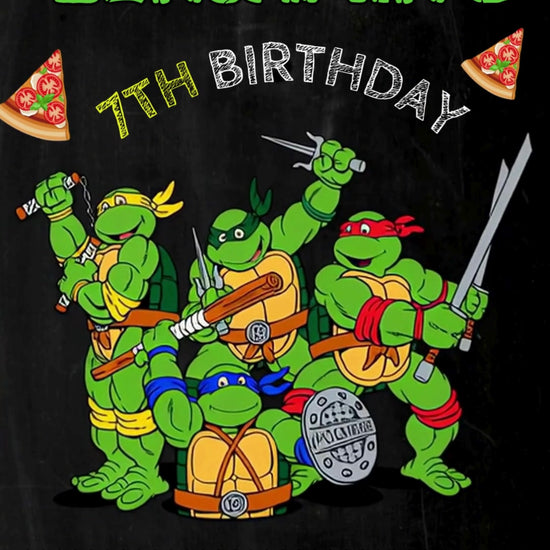 Four Ninja Turtles with pizza slices, a red Cowabunga banner and green birthday lettering on a black chalkboard background.