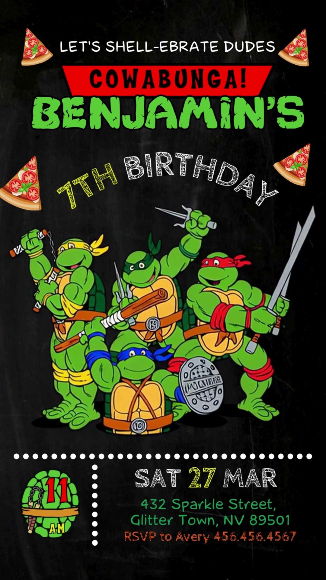 Four Ninja Turtles with pizza slices, a red Cowabunga banner and green birthday lettering on a black chalkboard background.