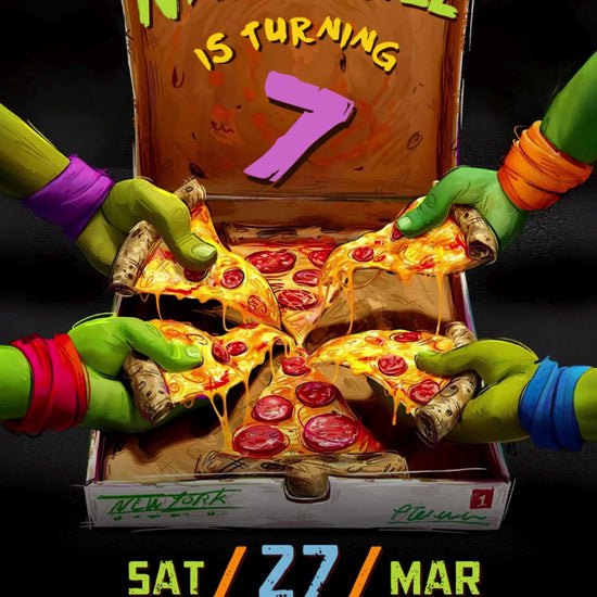 Four Ninja Turtle hands lifting cheesy pizza slices from an open pizza box with colorful birthday lettering on a black background.