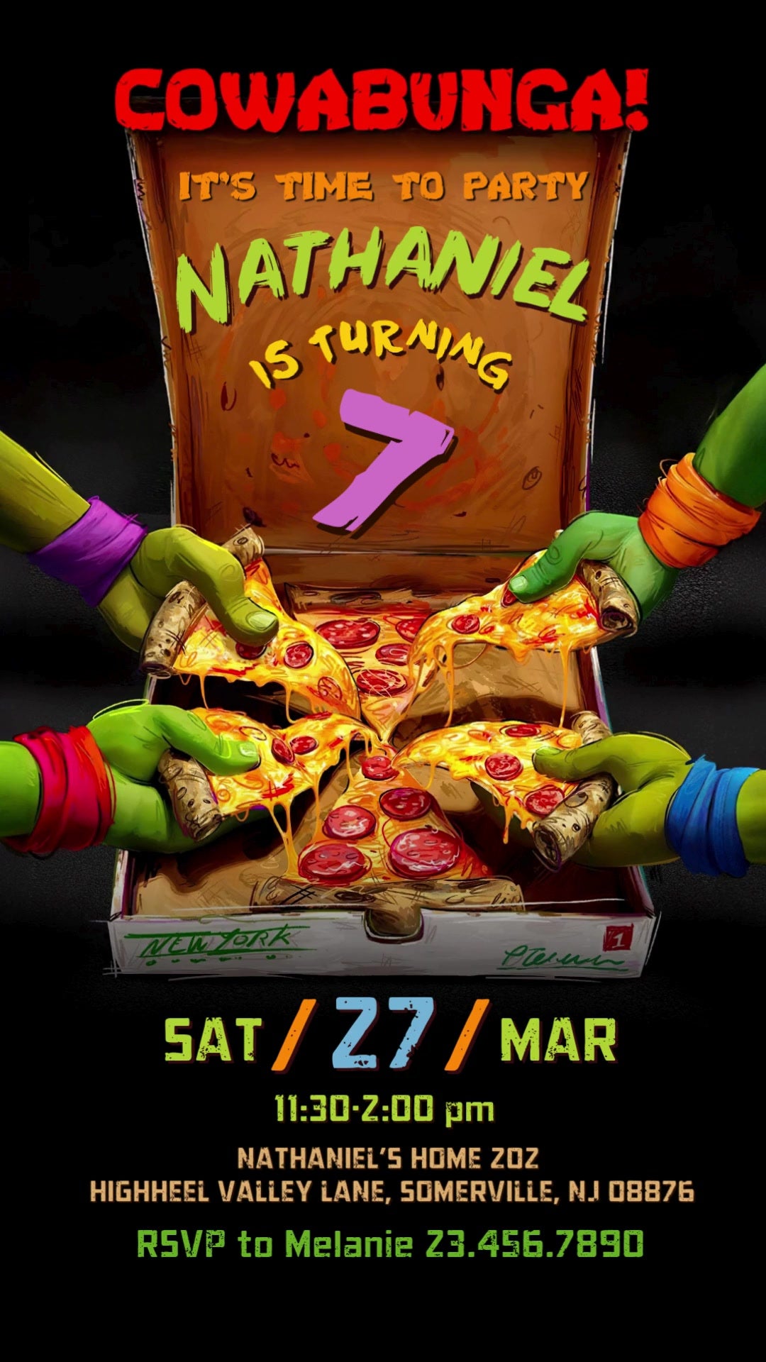 Four Ninja Turtle hands lifting cheesy pizza slices from an open pizza box with colorful birthday lettering on a black background.