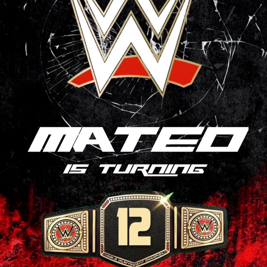 Metallic WWE emblem and championship belt with bold white birthday lettering, red-and-black textures and a cracked-glass effect.