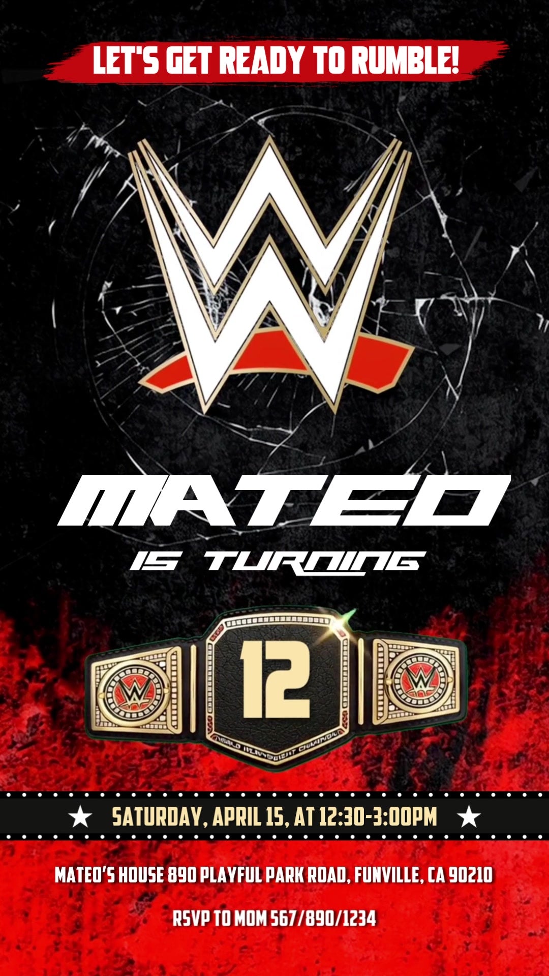 Metallic WWE emblem and championship belt with bold white birthday lettering, red-and-black textures and a cracked-glass effect.