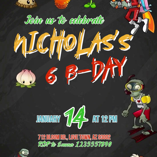 Plants vs. Zombies characters along the bottom of a dark chalkboard birthday invitation with colorful bunting, confetti and yellow name lettering.