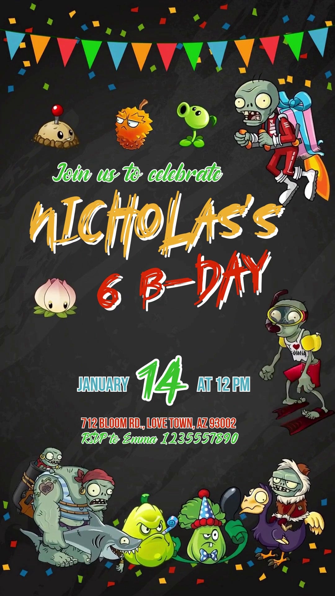 Plants vs. Zombies characters along the bottom of a dark chalkboard birthday invitation with colorful bunting, confetti and yellow name lettering.