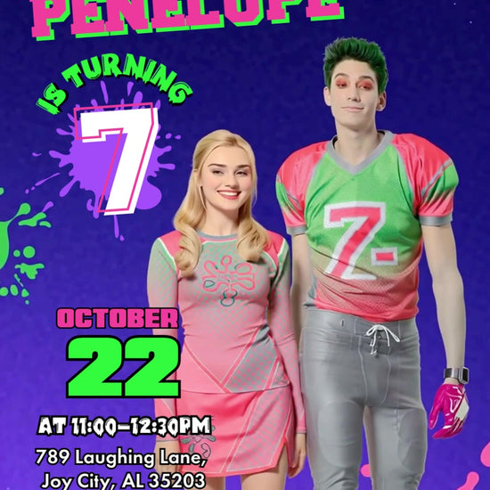 Zombies cheerleader and football player with neon pink and green birthday lettering, paint splashes and halftone dots on a purple background.