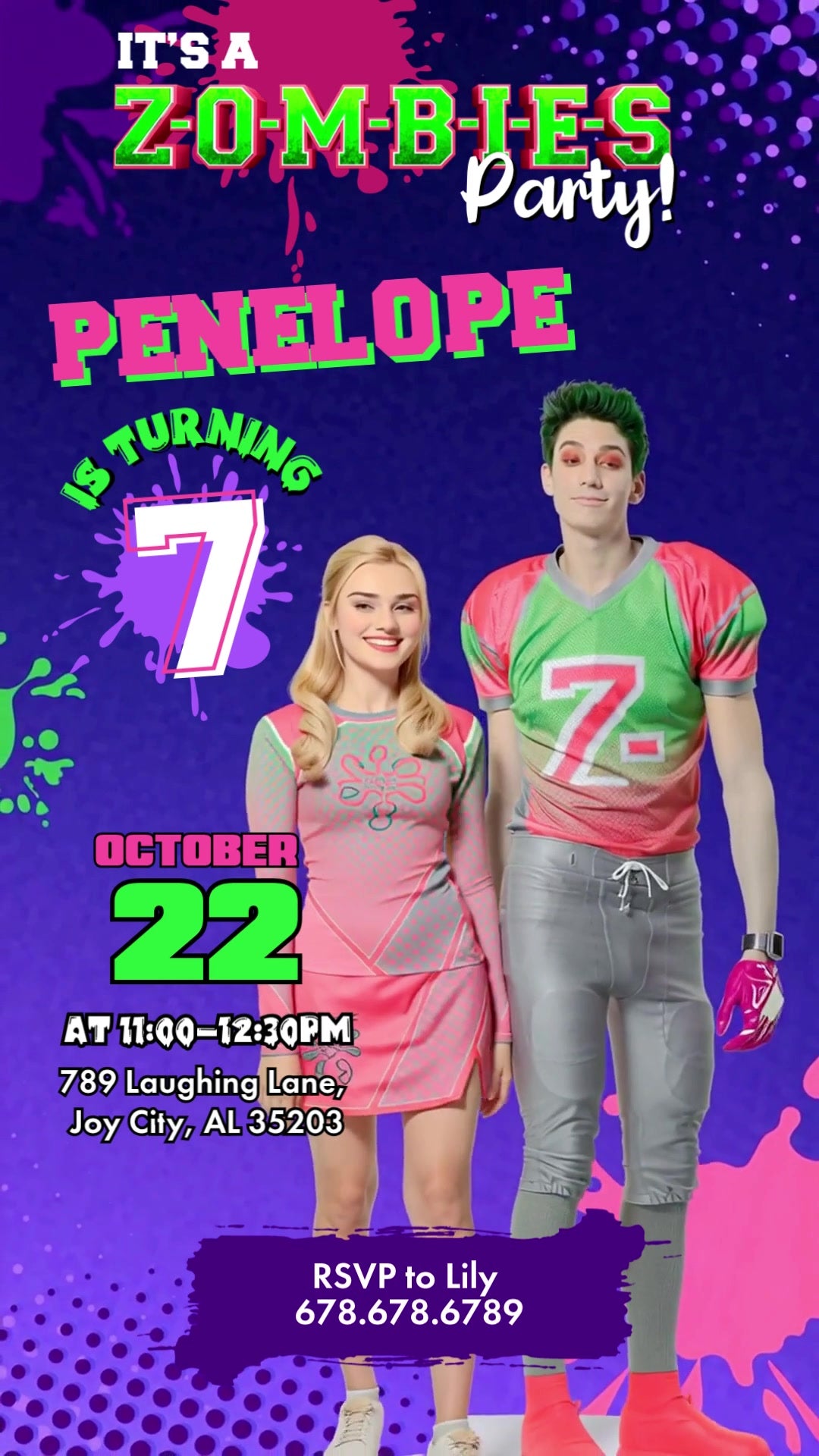Zombies cheerleader and football player with neon pink and green birthday lettering, paint splashes and halftone dots on a purple background.