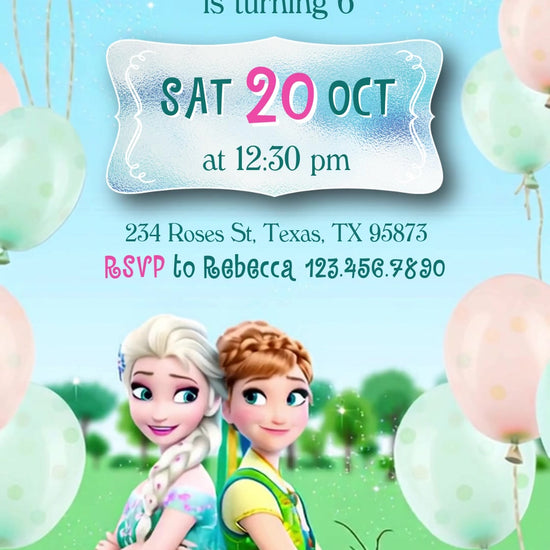 Frozen birthday invitation with pastel balloons, bunting and a frosted date plaque in a green garden scene.