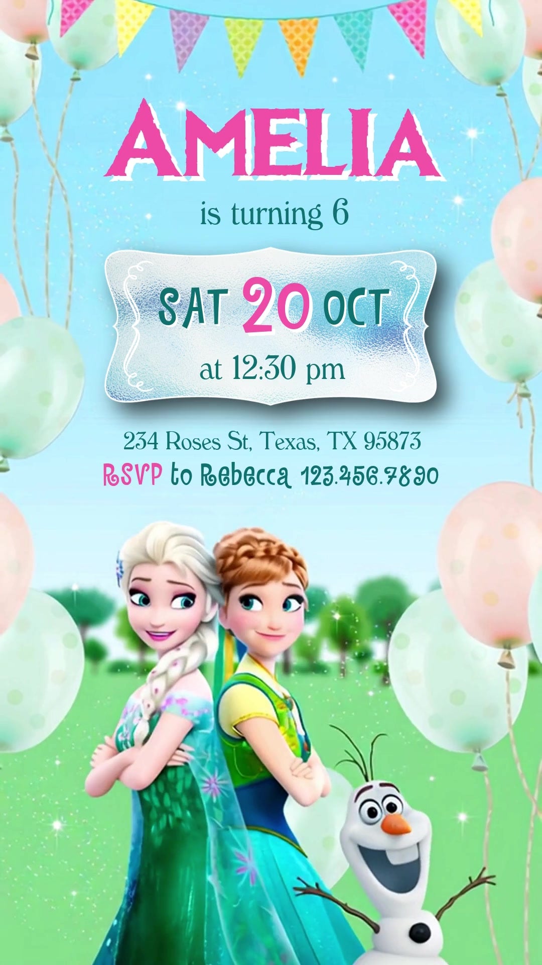 Frozen birthday invitation with pastel balloons, bunting and a frosted date plaque in a green garden scene.
