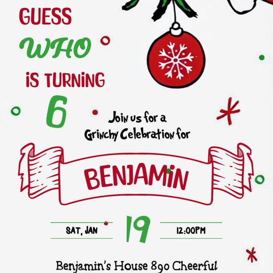 Oversized green Grinch hand holding a red ornament above a ribbon name banner and festive birthday details.
