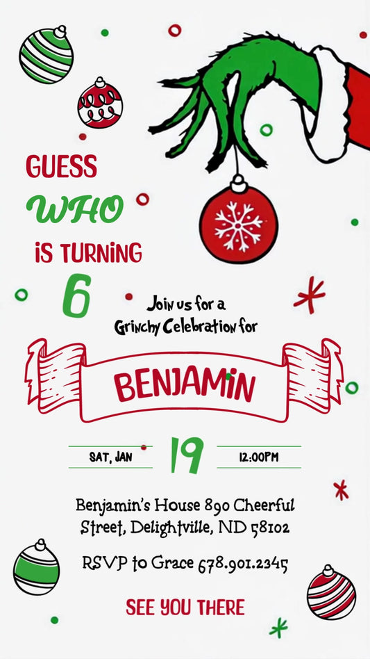 Oversized green Grinch hand holding a red ornament above a ribbon name banner and festive birthday details.