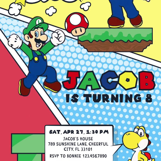 Mario, Luigi and yellow Yoshi in colorful diagonal comic panels with platforms, a green pipe and a speech-bubble party-details box.