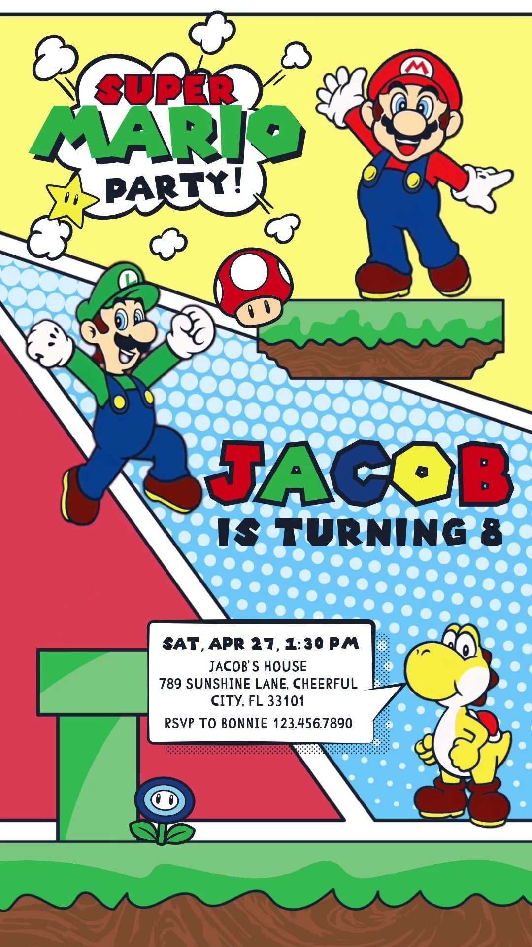 Mario, Luigi and yellow Yoshi in colorful diagonal comic panels with platforms, a green pipe and a speech-bubble party-details box.