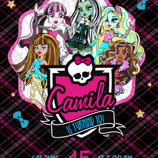 Five Monster High characters above a pink name crest and black age ribbon, surrounded by black-and-pink plaid, gold glitter, stars and blue bows.