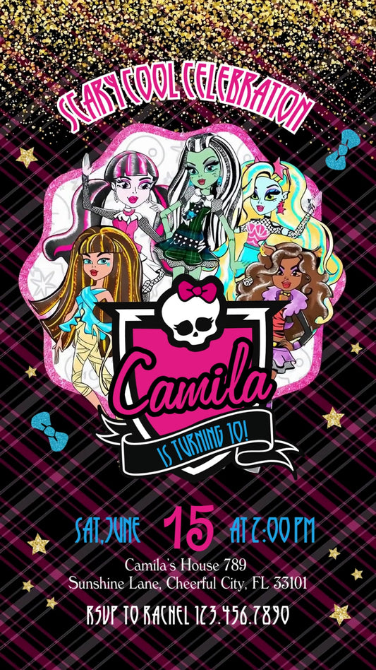 Five Monster High characters above a pink name crest and black age ribbon, surrounded by black-and-pink plaid, gold glitter, stars and blue bows.