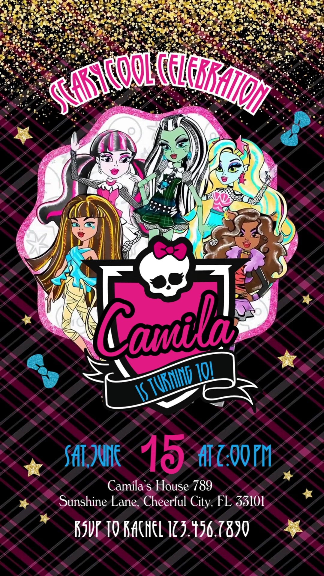 Five Monster High characters above a pink name crest and black age ribbon, surrounded by black-and-pink plaid, gold glitter, stars and blue bows.