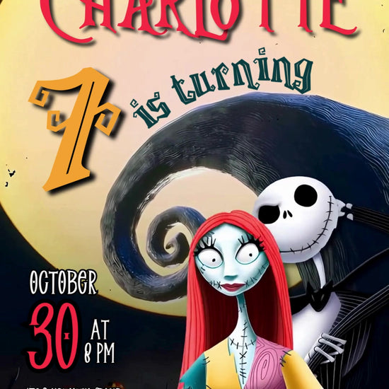 Jack and Sally before a curled hill and golden moon with red name lettering, a gold age numeral, spiderweb corners and pumpkins.