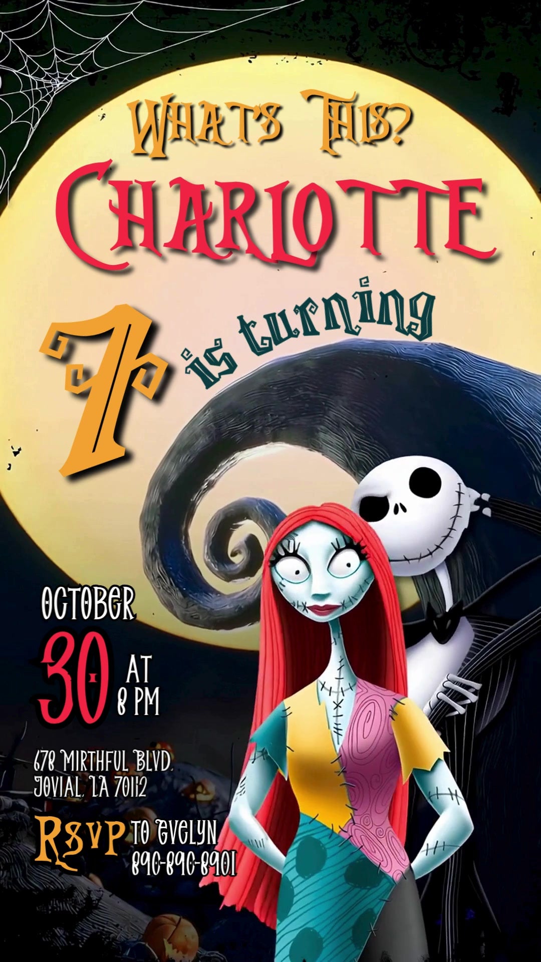 Jack and Sally before a curled hill and golden moon with red name lettering, a gold age numeral, spiderweb corners and pumpkins.
