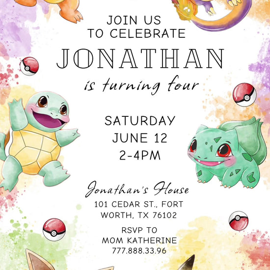 Watercolor-style Pokemon characters and moving Poke Balls frame a white birthday invitation with pastel paint splashes and simple black lettering.