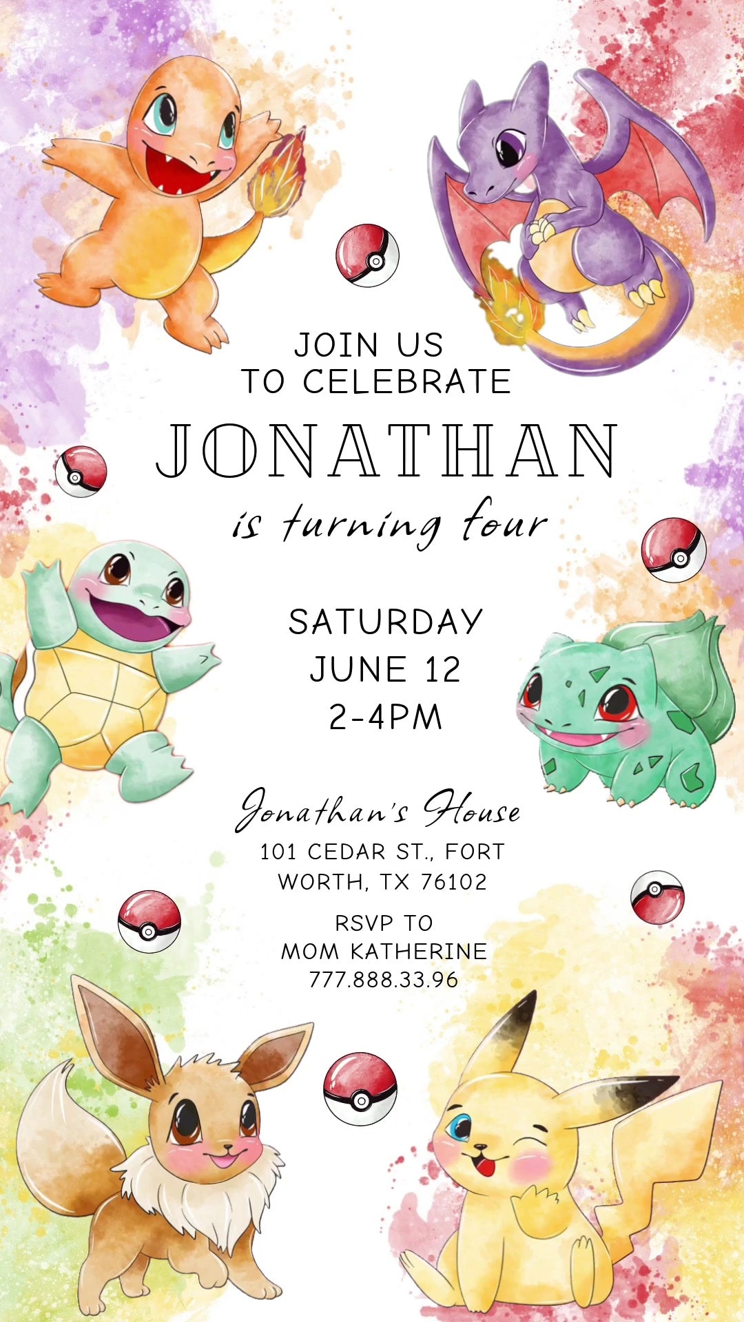Watercolor-style Pokemon characters and moving Poke Balls frame a white birthday invitation with pastel paint splashes and simple black lettering.