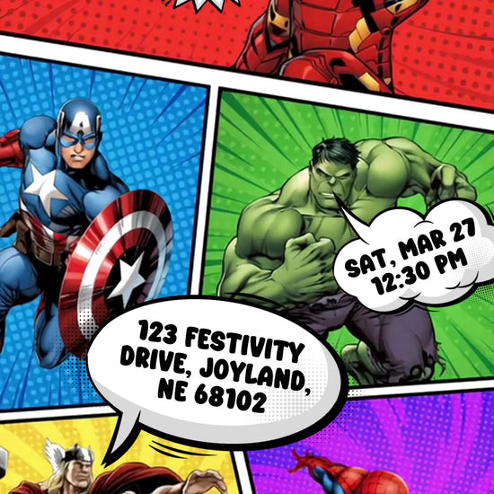 Iron Man, Captain America, Hulk, Thor and Spider-Man in colorful slanted comic panels with a red header and white party-details speech bubbles.