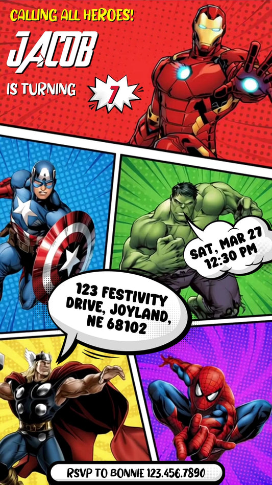 Iron Man, Captain America, Hulk, Thor and Spider-Man in colorful slanted comic panels with a red header and white party-details speech bubbles.
