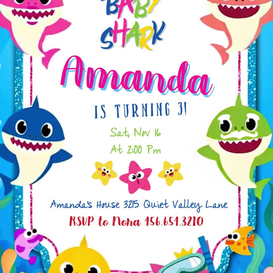 Baby Shark characters around a white invitation panel with a blue glitter-style frame, pink border, coral, starfish and a sandy seabed.
