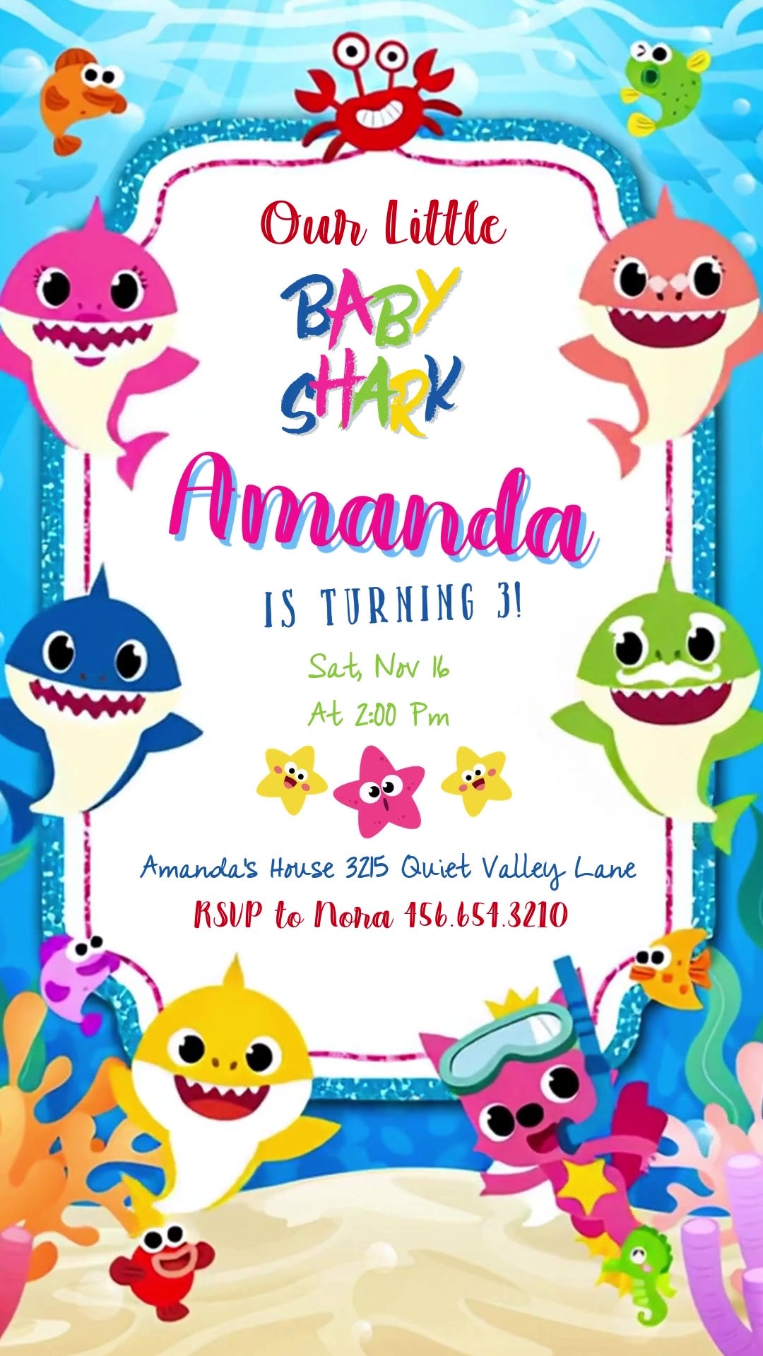 Baby Shark characters around a white invitation panel with a blue glitter-style frame, pink border, coral, starfish and a sandy seabed.