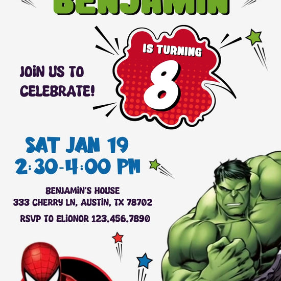Spider-Man and Hulk across a white comic invitation with black-and-blue border, shooting stars, green name lettering and a red age burst.