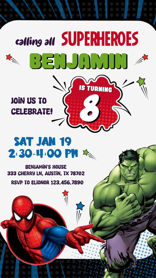 Spider-Man and Hulk across a white comic invitation with black-and-blue border, shooting stars, green name lettering and a red age burst.