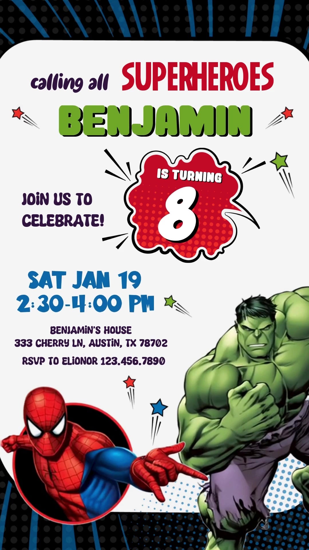 Spider-Man and Hulk across a white comic invitation with black-and-blue border, shooting stars, green name lettering and a red age burst.