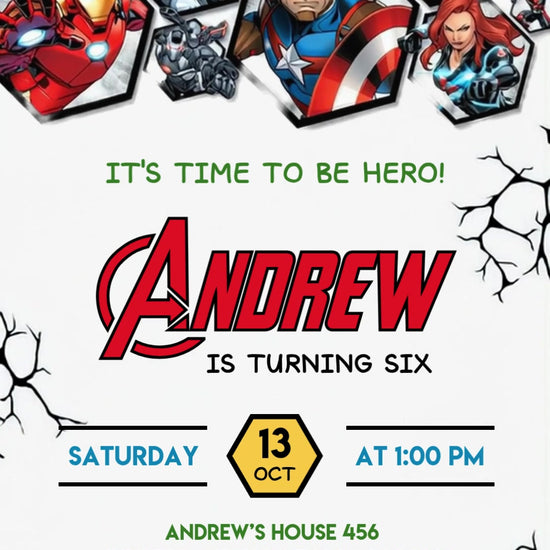Avengers heroes in polygon frames above a white cracked-wall invitation with black city skyline, red name lettering and a yellow date badge.